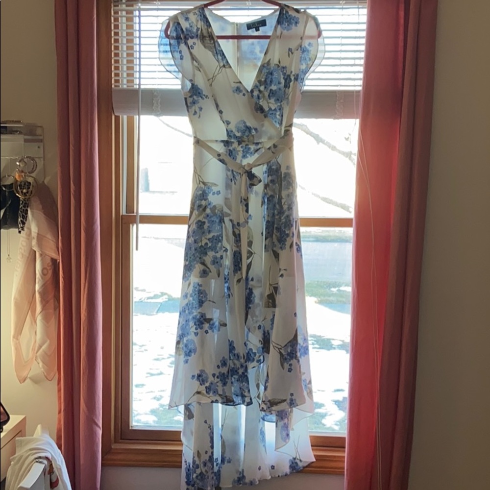 Lulu's White Maxi Dress with Blue Floral Print